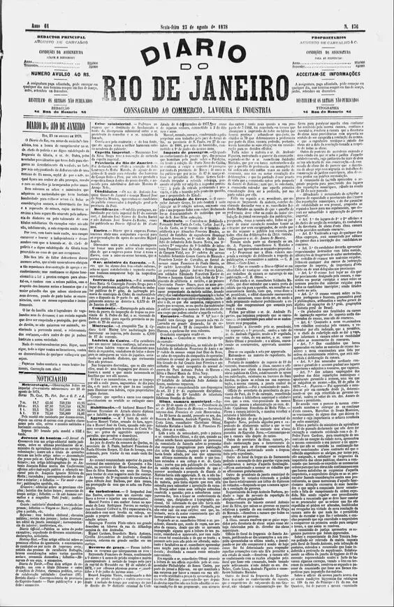 Primeira página do Diário do Rio de Janeiro de 23 de agosto de 1878
